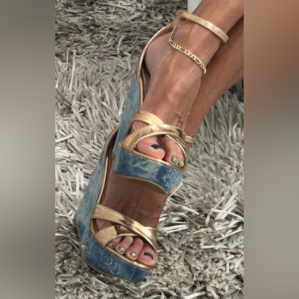 Rose Gold Strappy denim Wedge Sandals - size 7 1/2